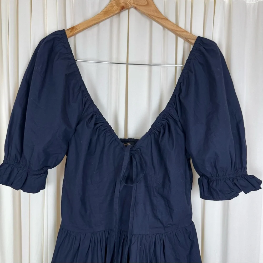 Quince Navy Blue Organic Cotton Puff Sleeve Midi Dress Sz S Summer Elegant - Picture 3 of 7